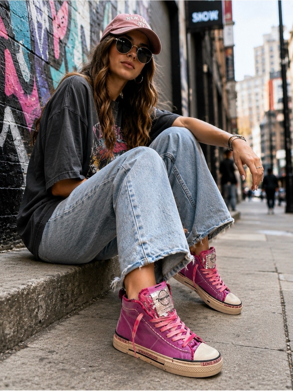 Pink High-Top Sneakers with Graphic Patch